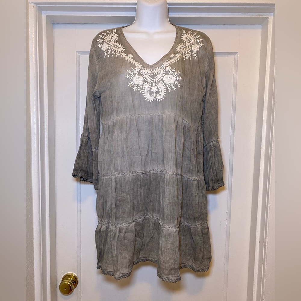 EUC Dolma Lightweight Tiered Embroidered 100% Cotton Light Gray Ruffle Dress